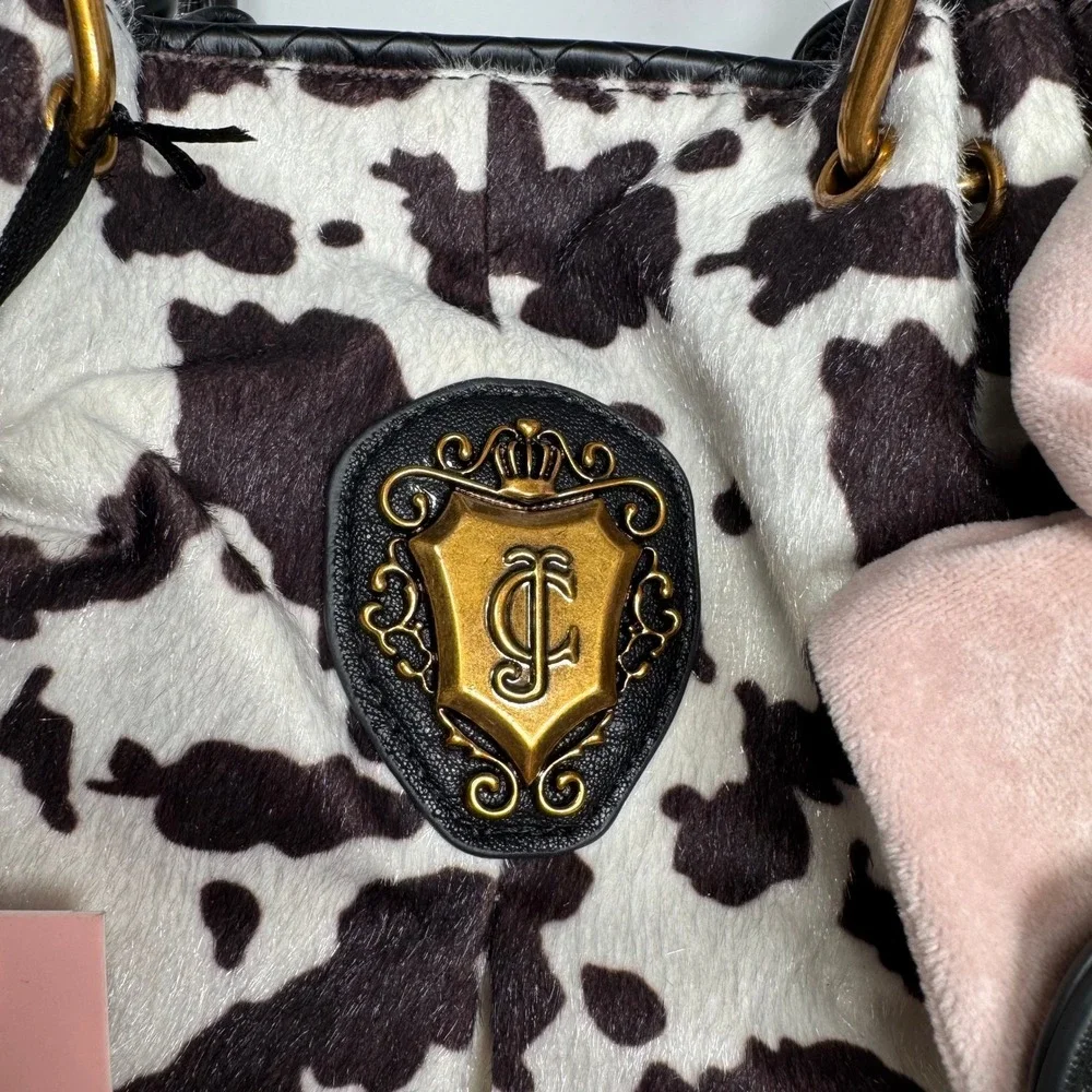 Juicy Couture Romance Cow Print Satchel Bag Faux Fur Pink Bow Heart Charm BW